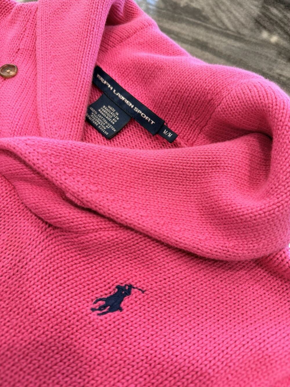 Ralph Lauren Sport Pink Shawl Collar Sweater Women’s Medium Cotton Knit Pony